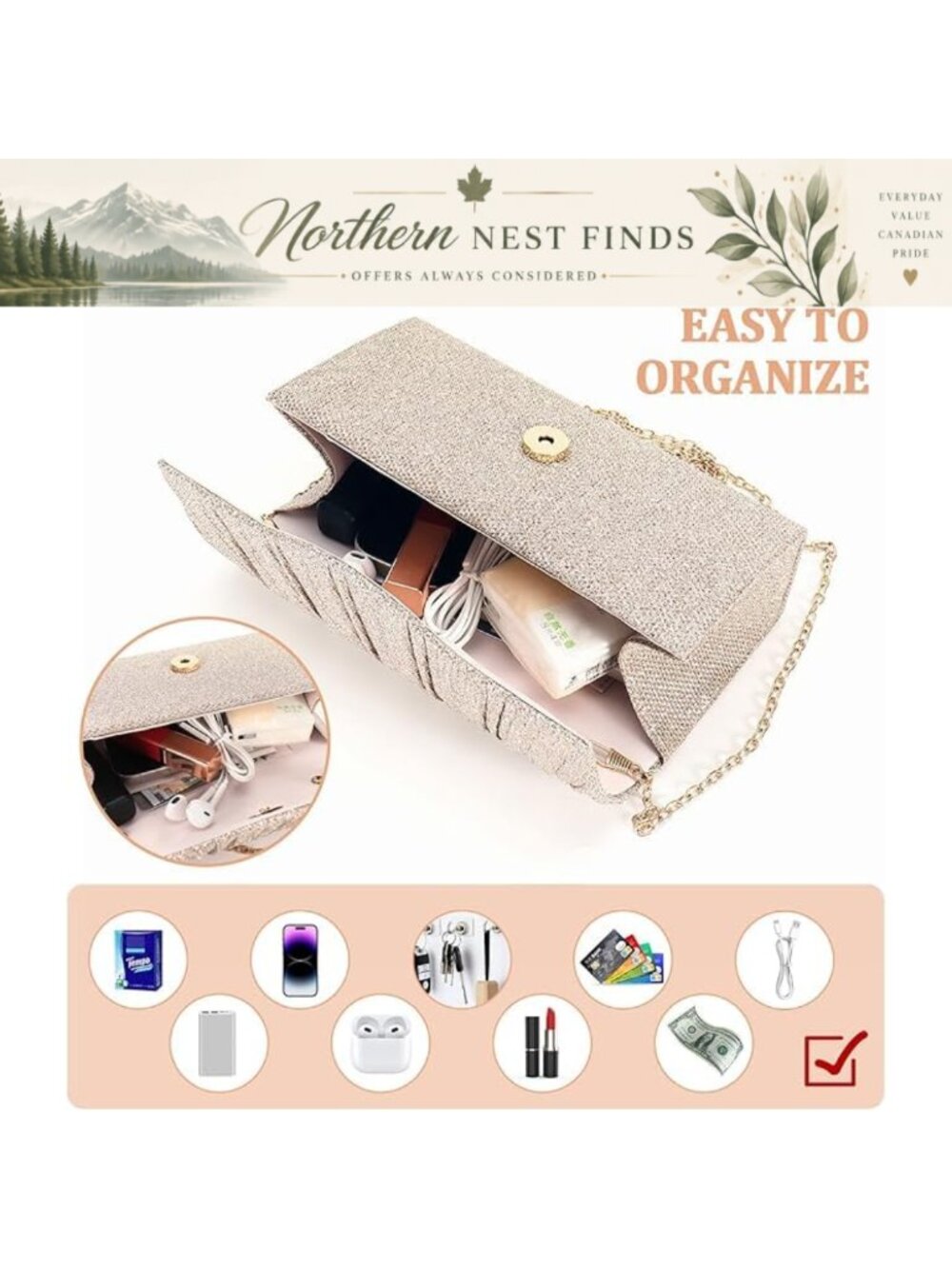 Glitter Clutch Purse with Removable Chain Evening Bag Formal Envelope Handbag - Picture 5 of 6